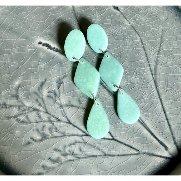 Handmade Polymer Clay Earrings Handcrafted Artwork Green Sea Glass Dangles - Picture 5 of 5